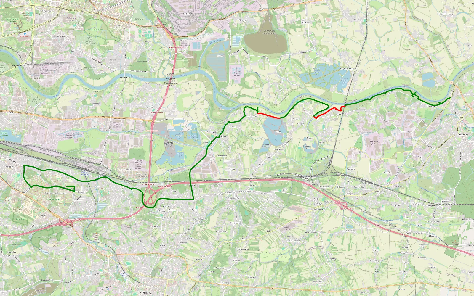 Mapa trasy Niepołomice - Bieżanów-Prokocim - 9.5 km trasy offroad, Powiat Wielicki