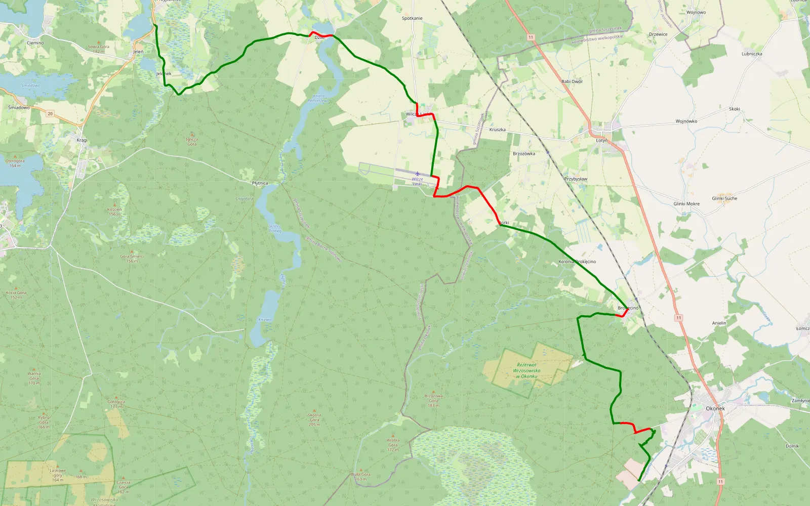Mapa trasy Okonek - Przyjezierze - 27.6 km trasy offroad, Powiat Złotowski