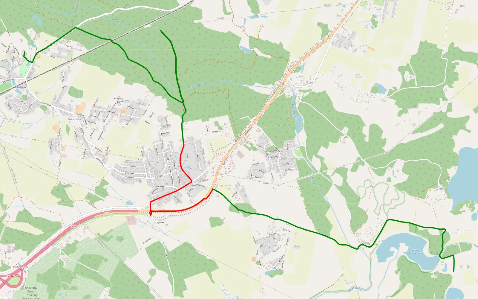 Mapa trasy Bogdany - Nikielkowo - 11.9 km trasy offroad, Powiat Olsztyński