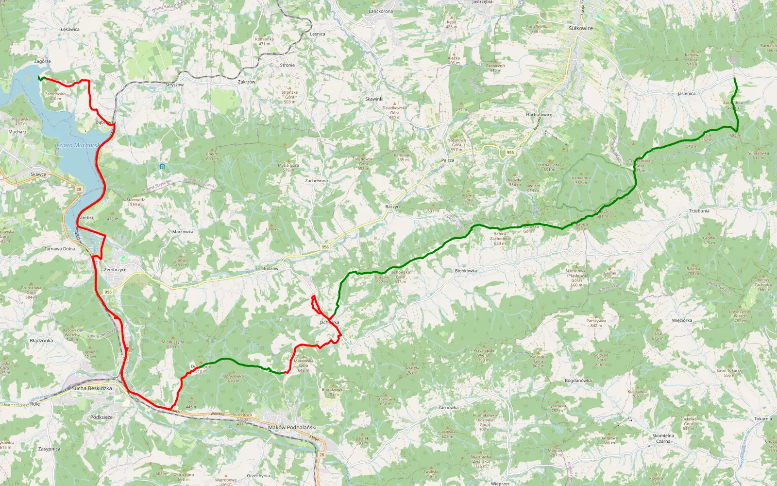 Mapa trasy Nad Mucharskie - 43.5 km trasy offroad, Powiat Suski
