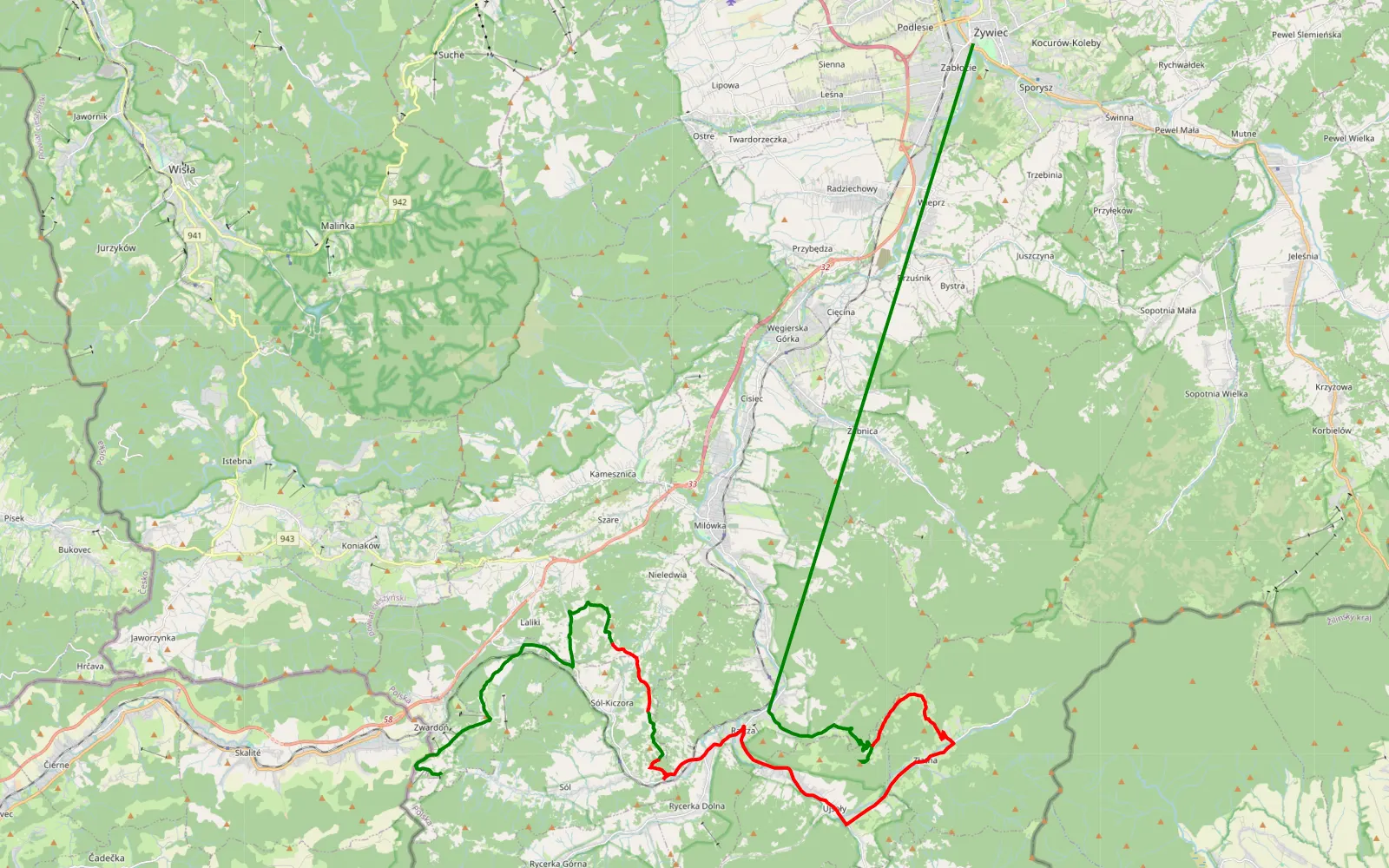 Mapa trasy Rocznica - 26.6 km trasy offroad, Powiat Żywiecki