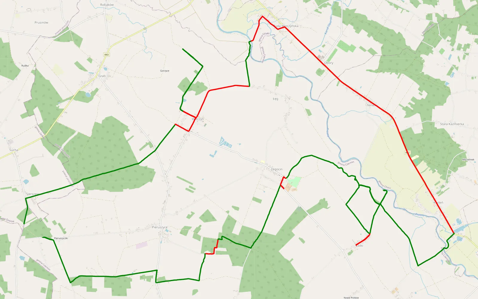 Map of Pieruszyczki - Sierszew - 36 km offroad trail, Pleszew County