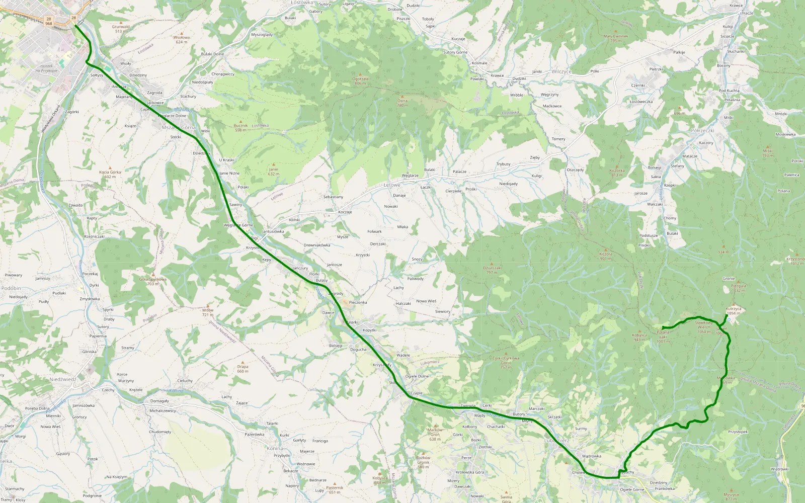 Mapa trasy Jasien - 9.9 km trasy offroad, Powiat Limanowski