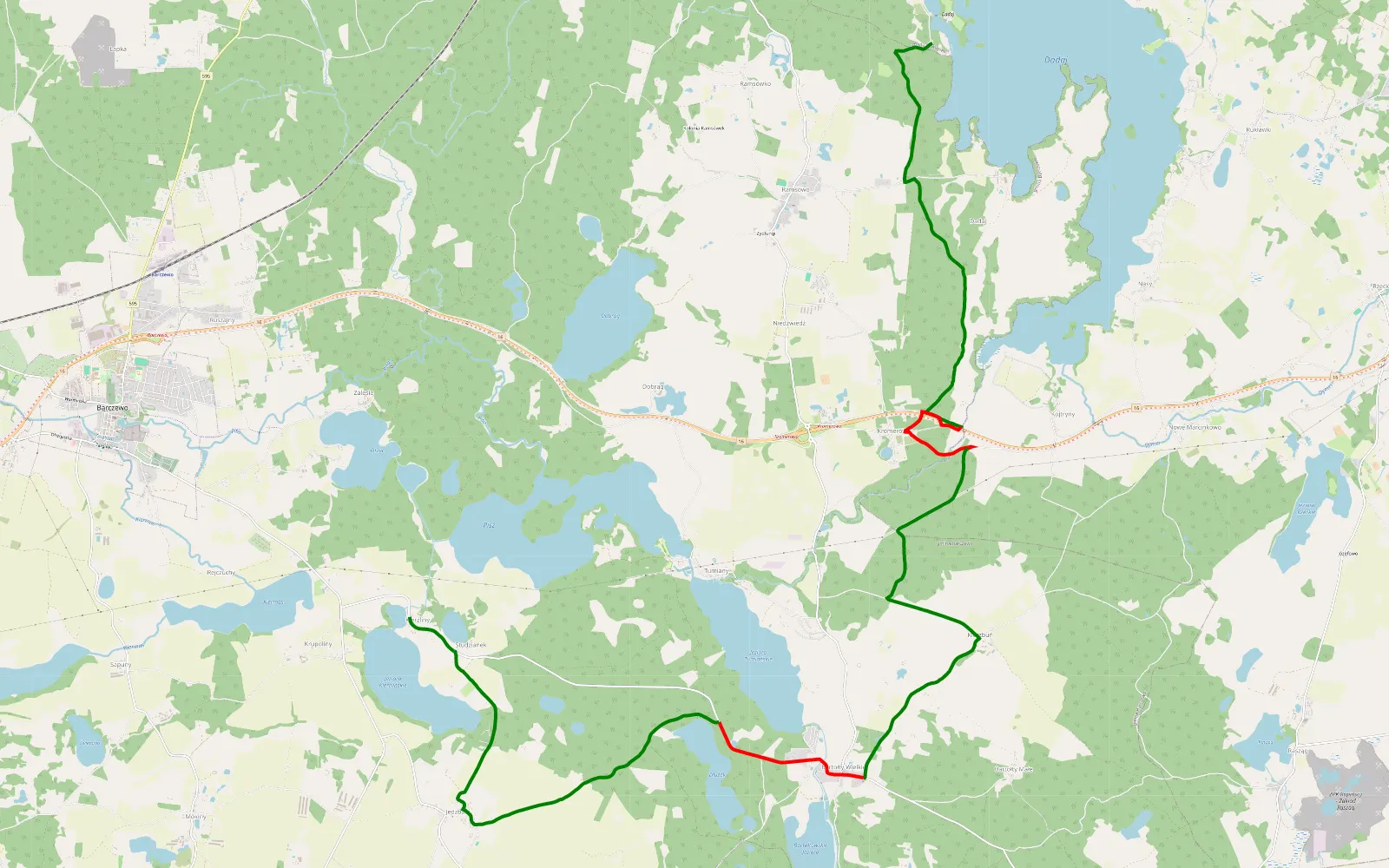 Mapa trasy Dadaj - Kierzliny - 21.8 km trasy offroad, Powiat Olsztyński