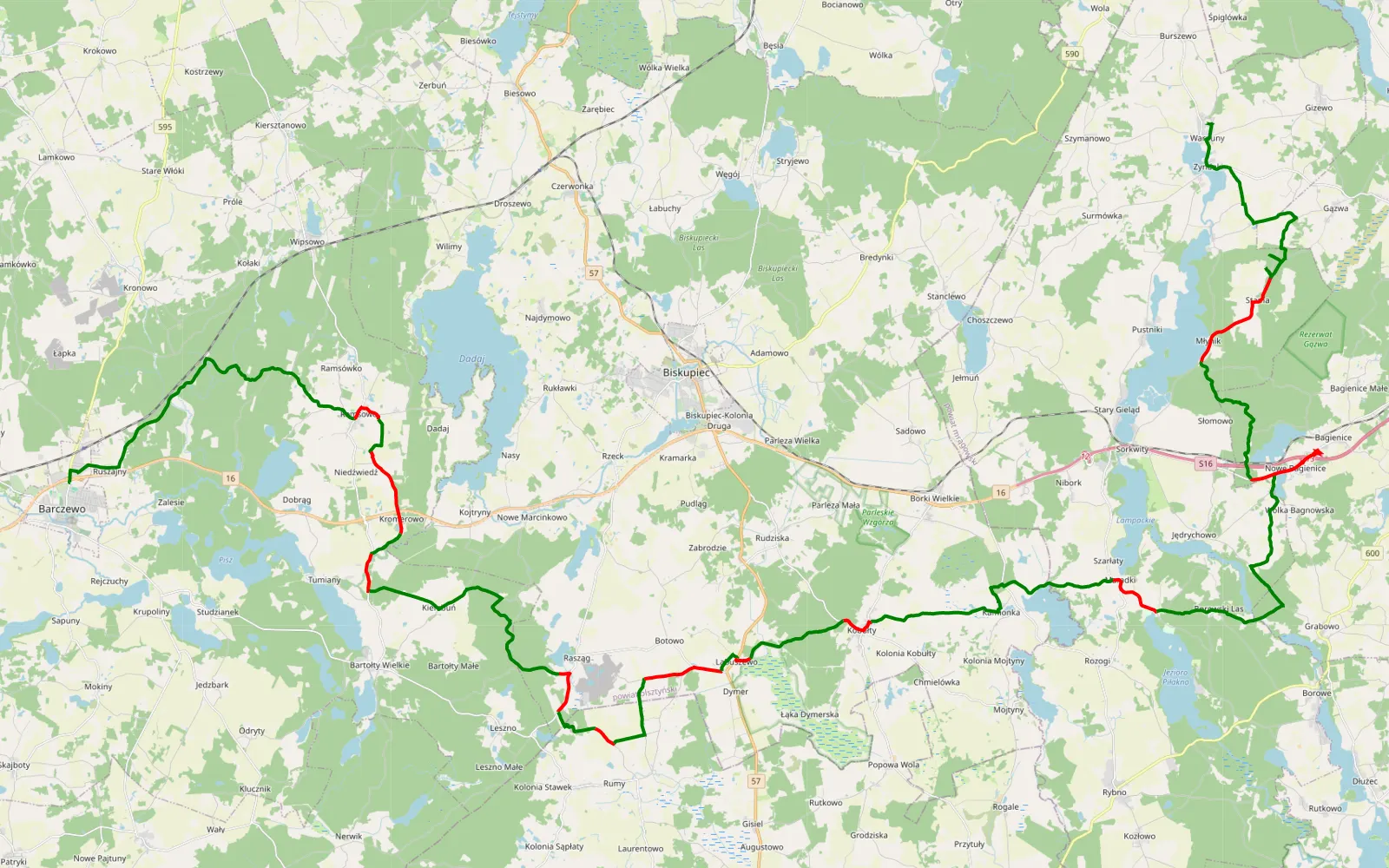 Mapa trasy Barczewo - Warpuny - 73.8 km trasy offroad, Powiat Olsztyński