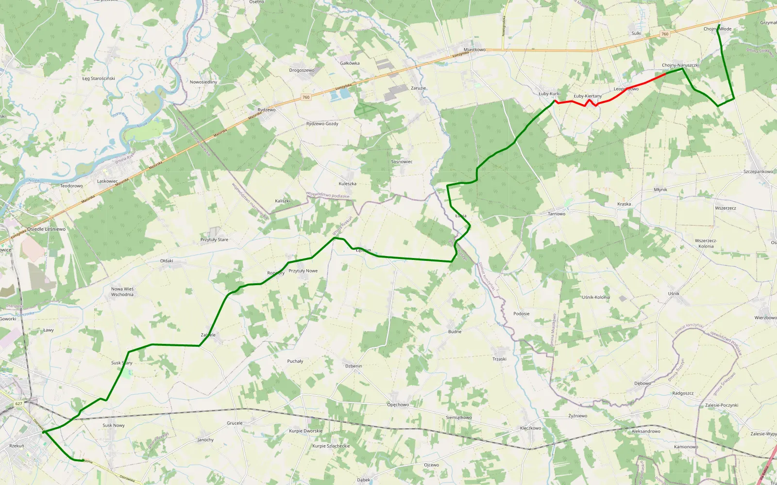 Mapa trasy Chojny Śmieszne - Susk Nowy - 11.9 km trasy offroad, Powiat Łomżyński