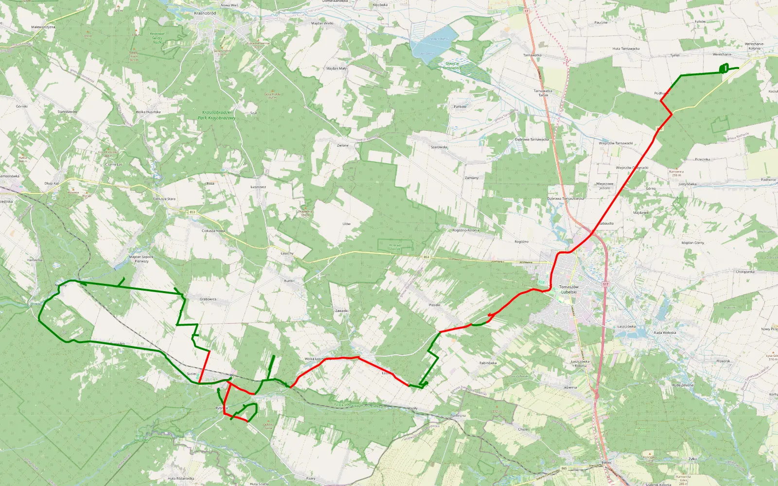 Mapa trasy Werachanie - Skwarki - 50.7 km trasy offroad, Powiat Tomaszowski