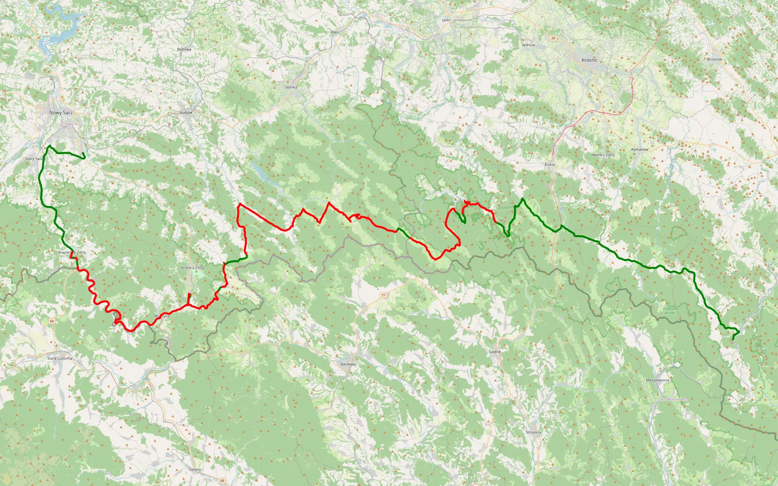 Mapa trasy W Bieszczady - 130.4 km trasy offroad, Powiat Nowosądecki