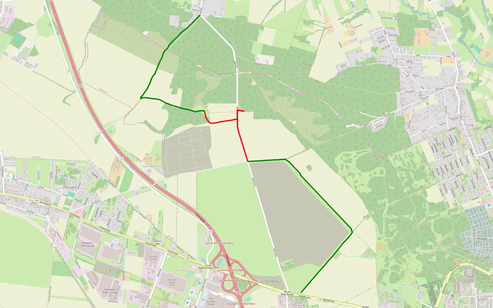 Mapa trasy Małyszyn - Santocko - 6.8 km trasy offroad, Gorzów Wielkopolski