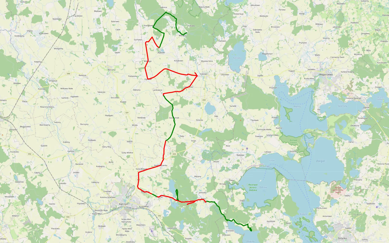 Mapa trasy Mazury z Wojtkiem i Weroniką. - 61.5 km trasy offroad, Powiat Kętrzyński