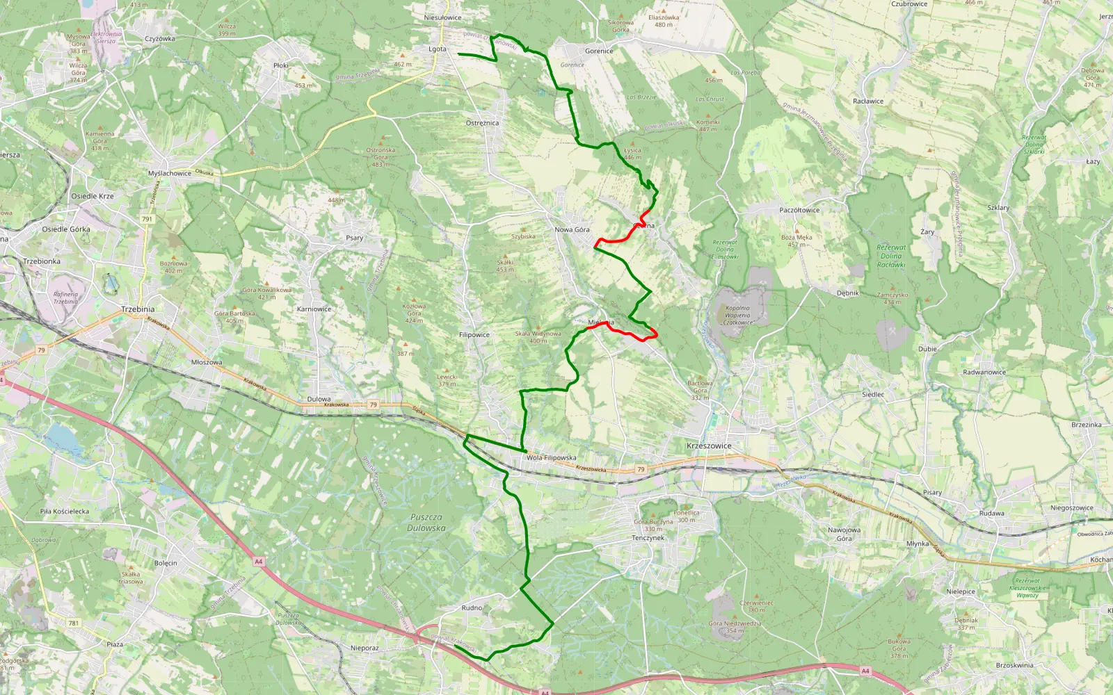 Map of Miekinia - 17.1 km offroad trail, Kraków County