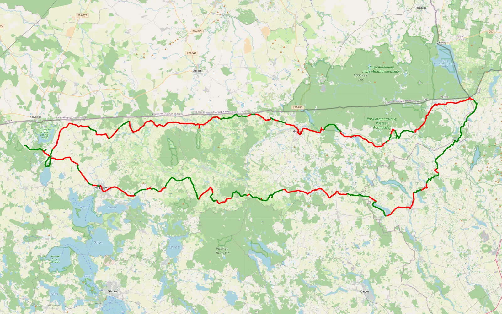 Map of Bajory Małe - 249.5 km offroad trail, Gołdap County
