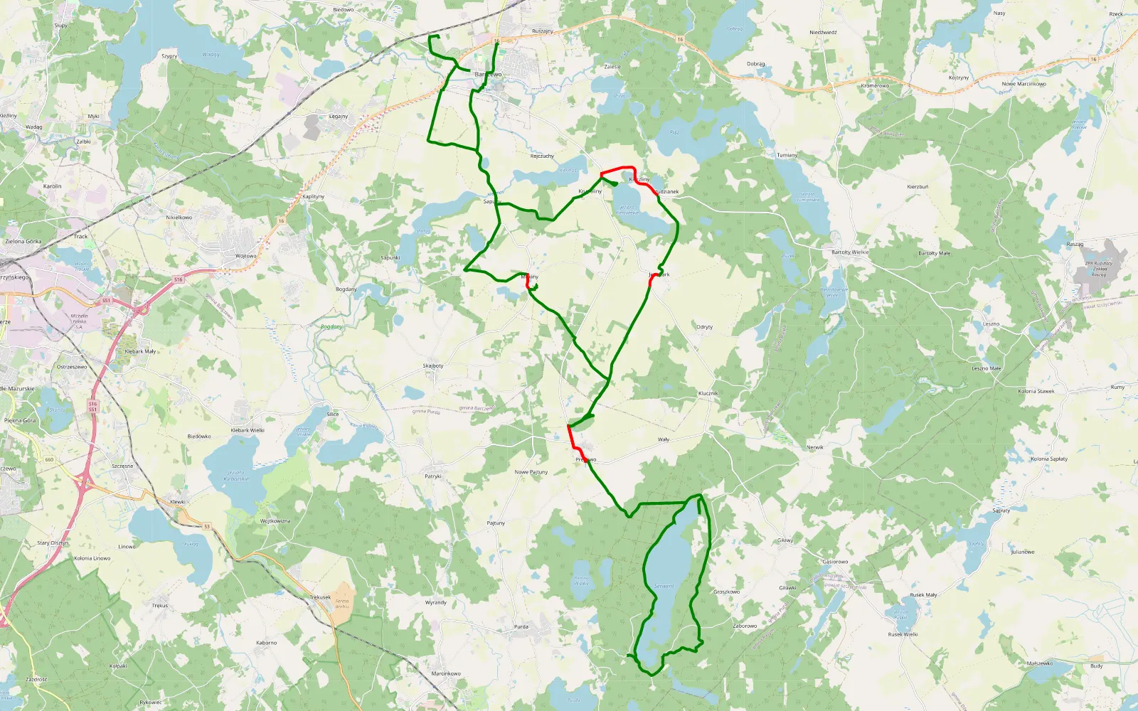 Mapa trasy Barczewo - 43.7 km trasy offroad, Powiat Olsztyński