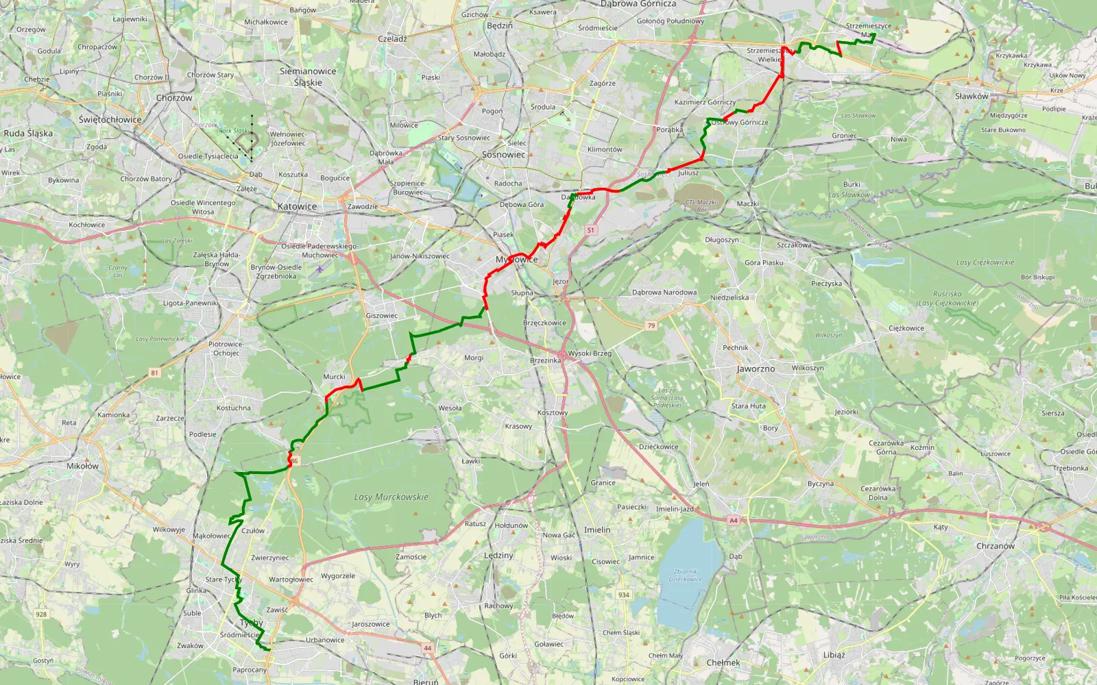 Mapa trasy 50.104310,19.005848 -> strzemieszyce małe - 45.9 km trasy offroad, Sosnowiec