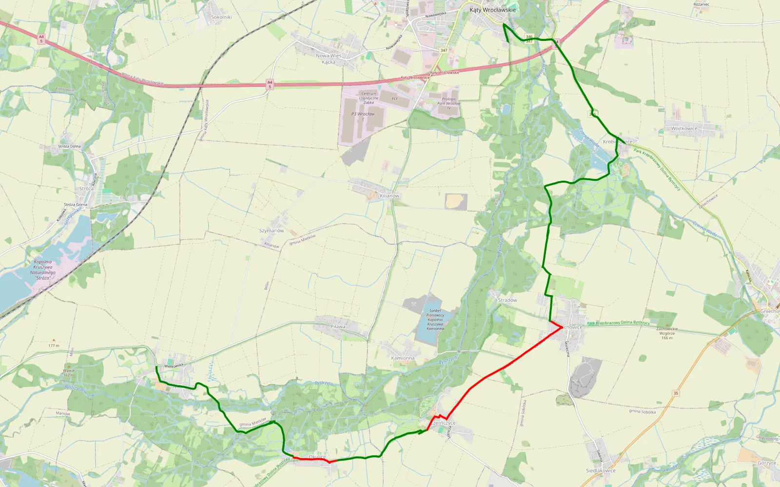 Map of Kąty Wrocławskie - Milin - 11.2 km offroad trail, Wrocław County