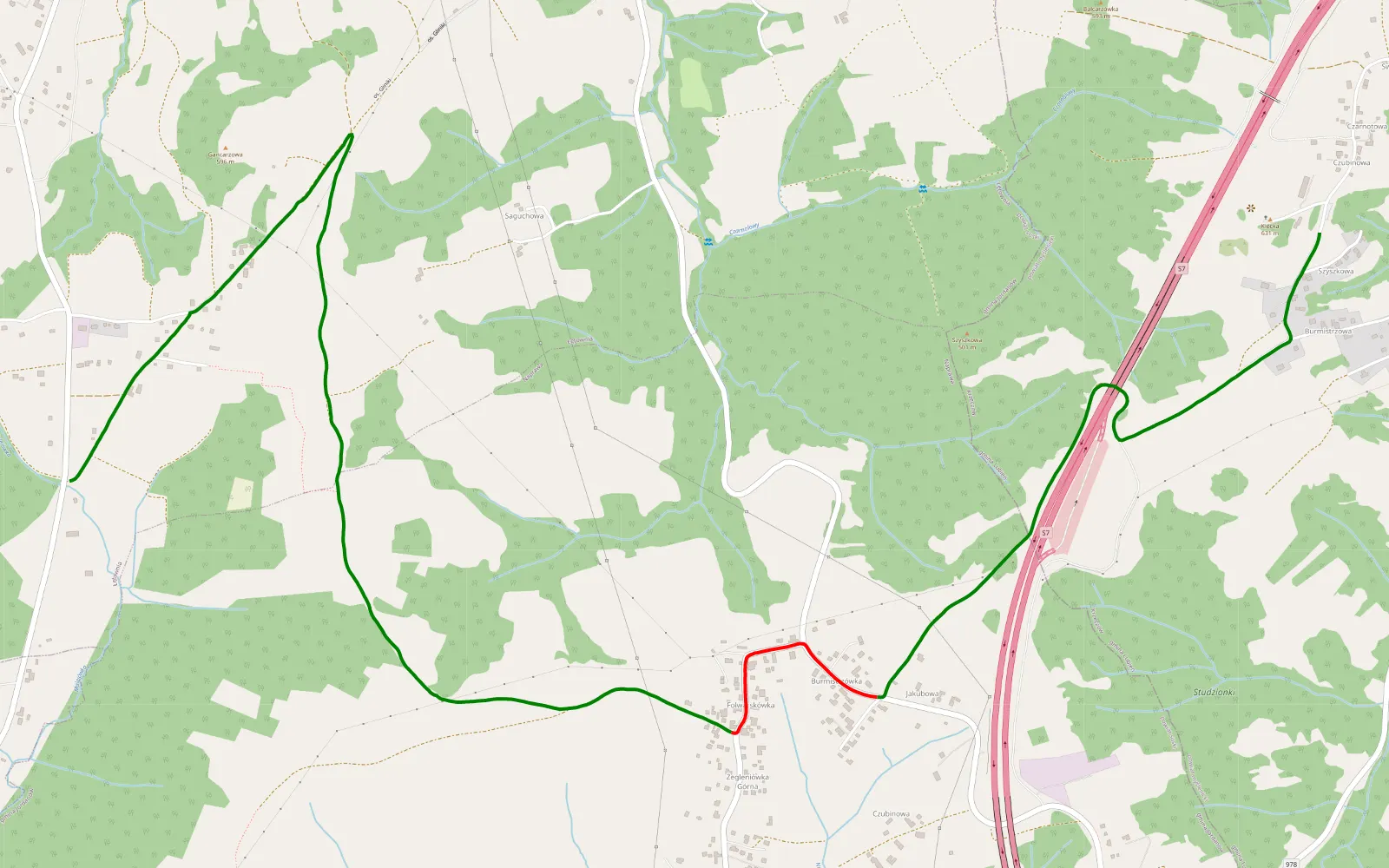 Mapa trasy Krzeczów - Chrobacze - 5.7 km trasy offroad, Powiat Suski