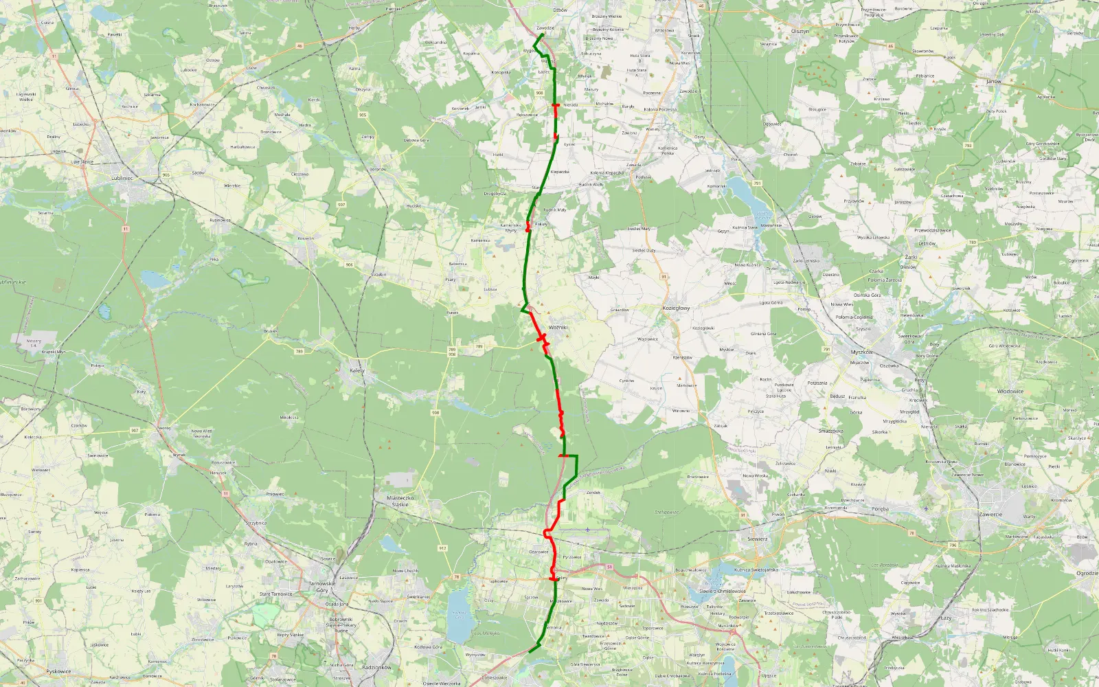Mapa trasy Pomłlynie - Wąsosz - 42.8 km trasy offroad, Powiat Lubliniecki