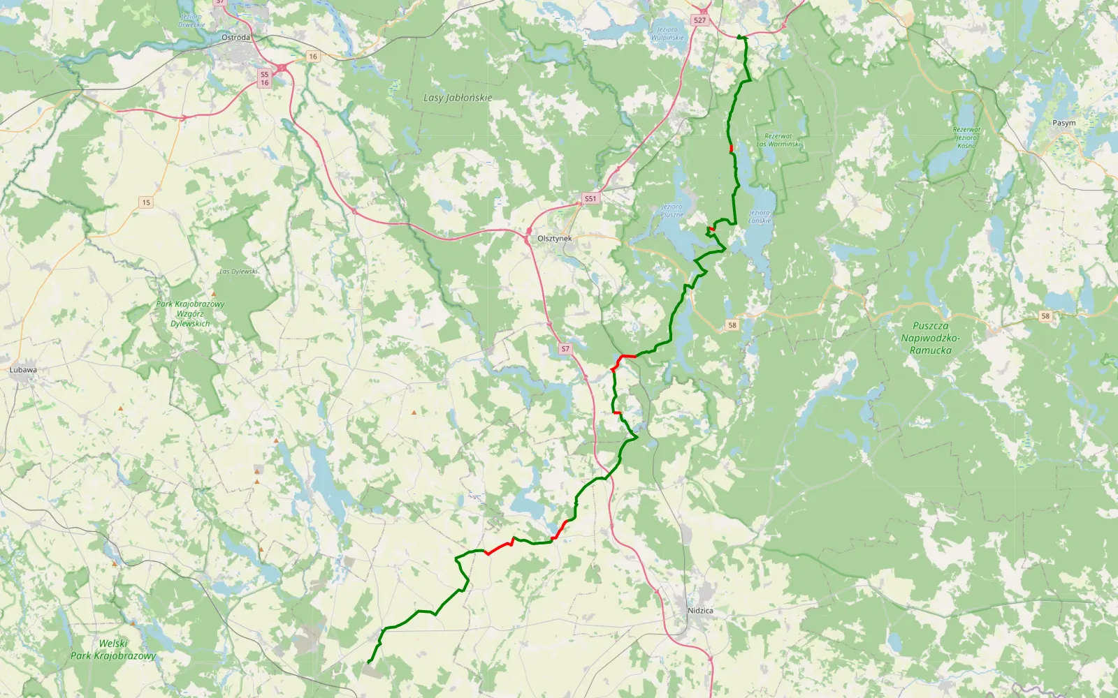 Mapa trasy Uzdowo 16.08.2026r. - 57.7 km trasy offroad, Powiat Olsztyński