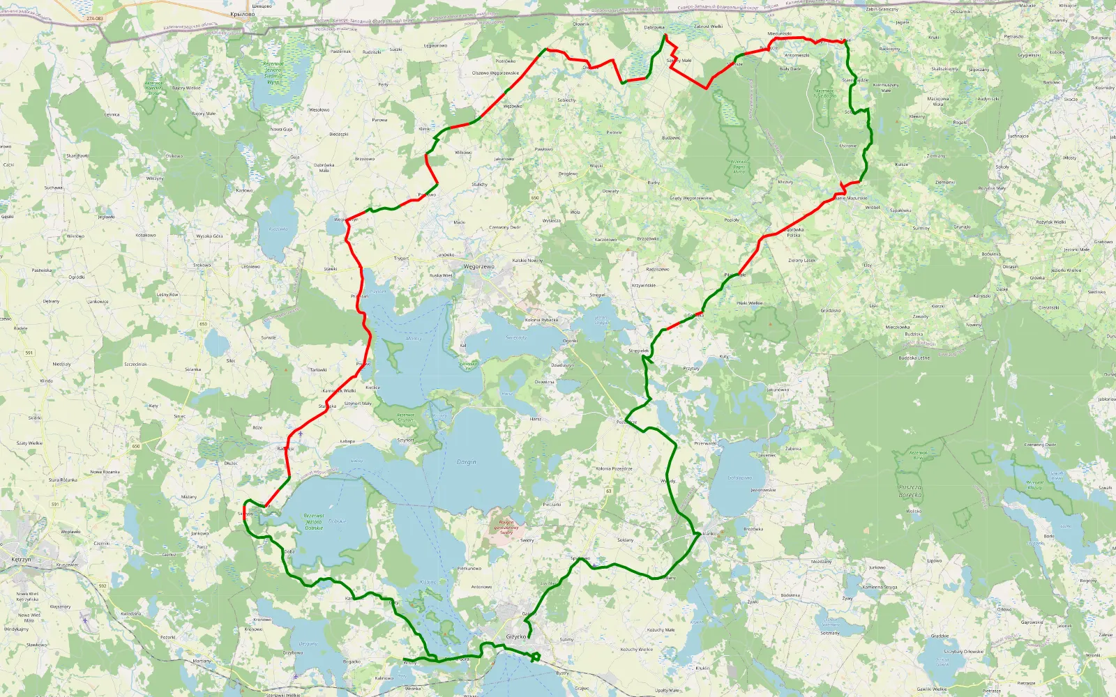 Mapa trasy Giżycko - 87.7 km trasy offroad, Powiat Węgorzewski
