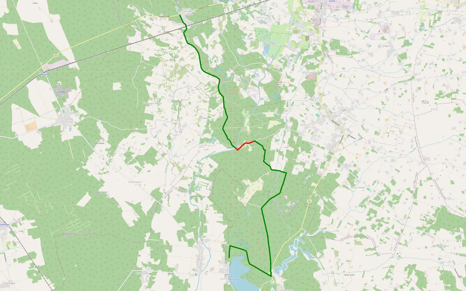 Mapa trasy Boruja - Jastrzębsko Stare - 13.1 km trasy offroad, Powiat Nowotomyski