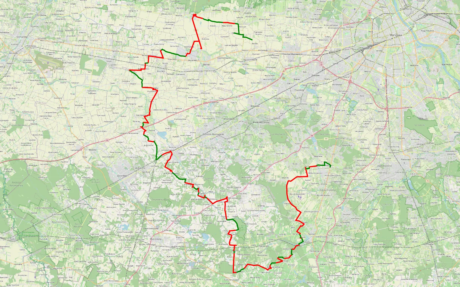 Map of Wolskie - Marysin - 119.4 km offroad trail, Grodzisk Mazowiecki County