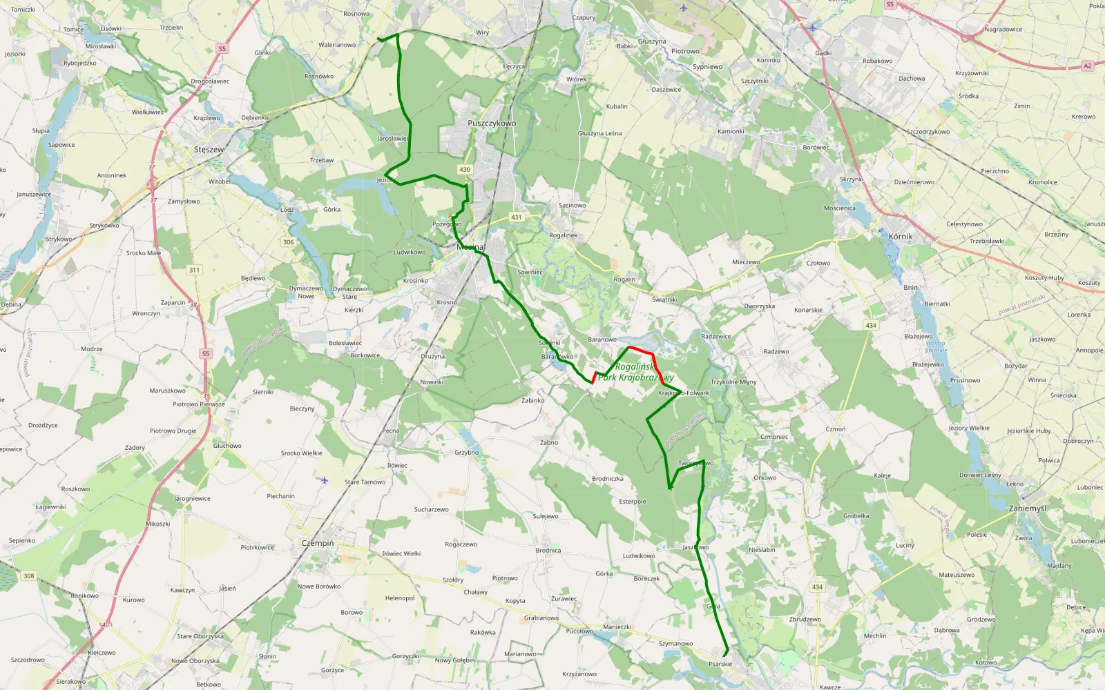 Mapa trasy Szreniawa - Psarskie - 16.5 km trasy offroad, Powiat Poznański