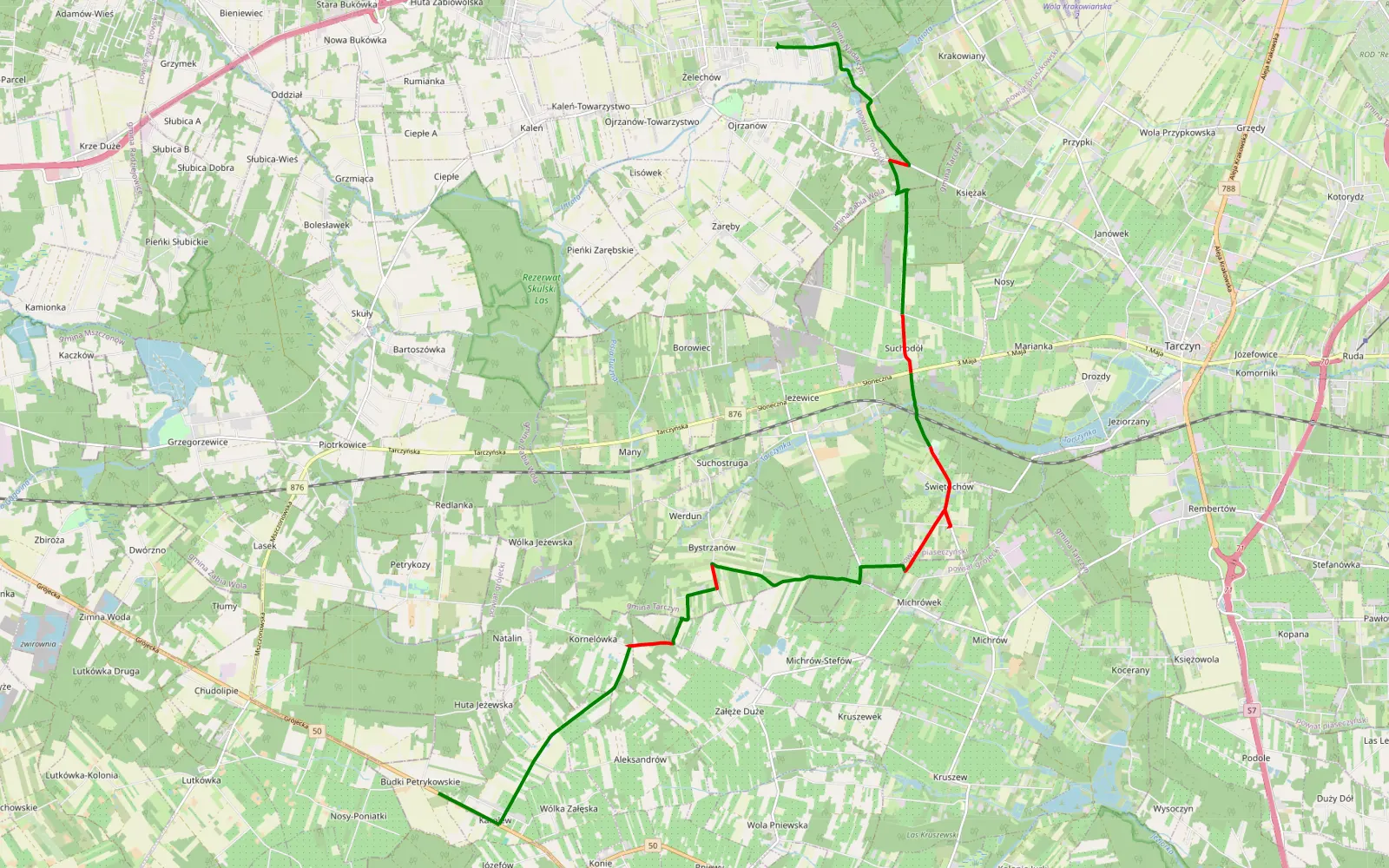 Map of Żelechów - Nosy Poniatki - 15.8 km offroad trail, Piaseczno County
