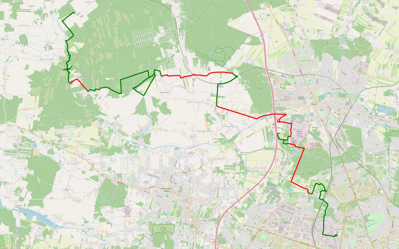 Mapa trasy Mocna trasa z wyciągarką - 34.9 km trasy offroad, Powiat Zgierski