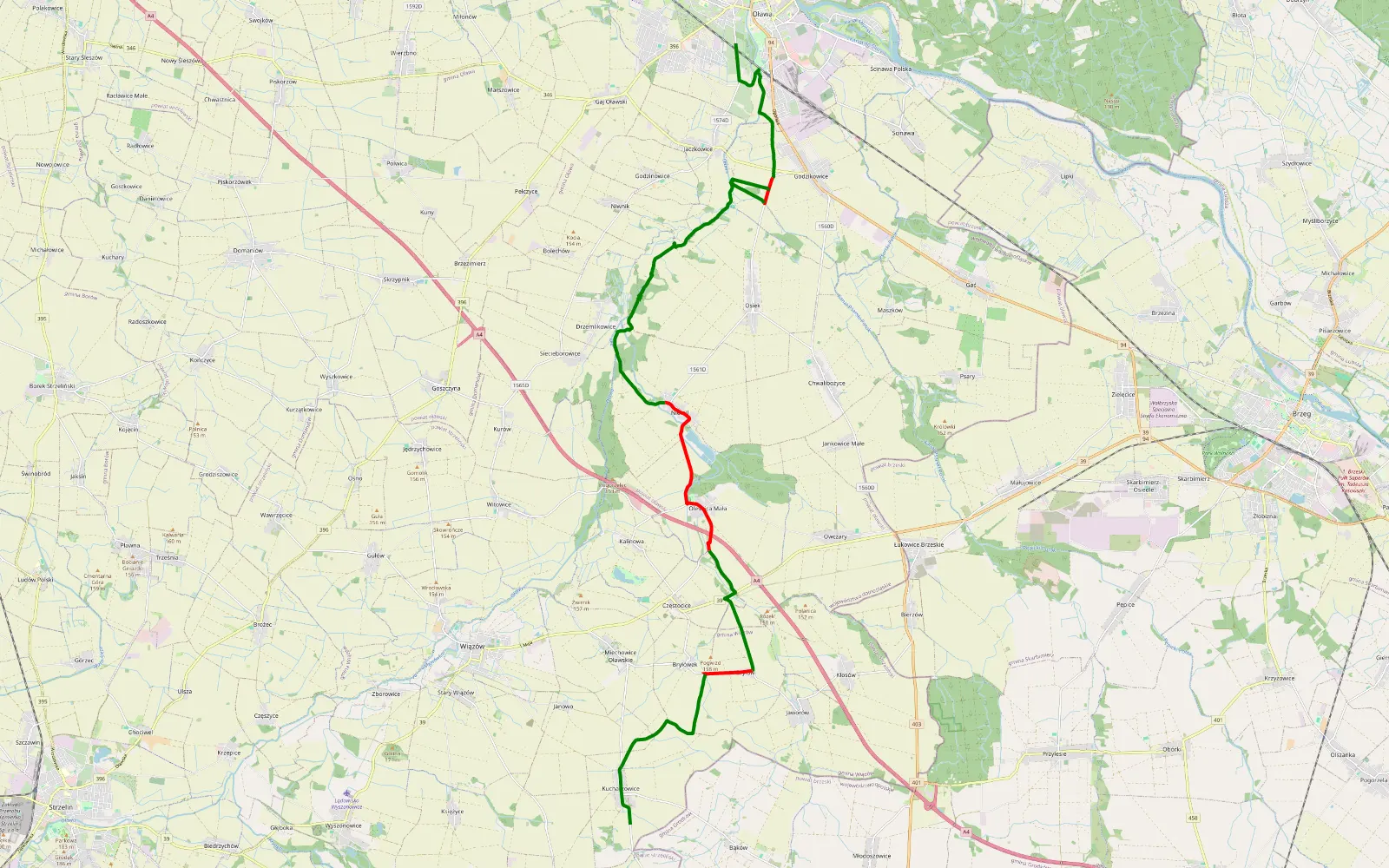 Map of Oława - Kucharzowice - 25.5 km offroad trail, Oława County