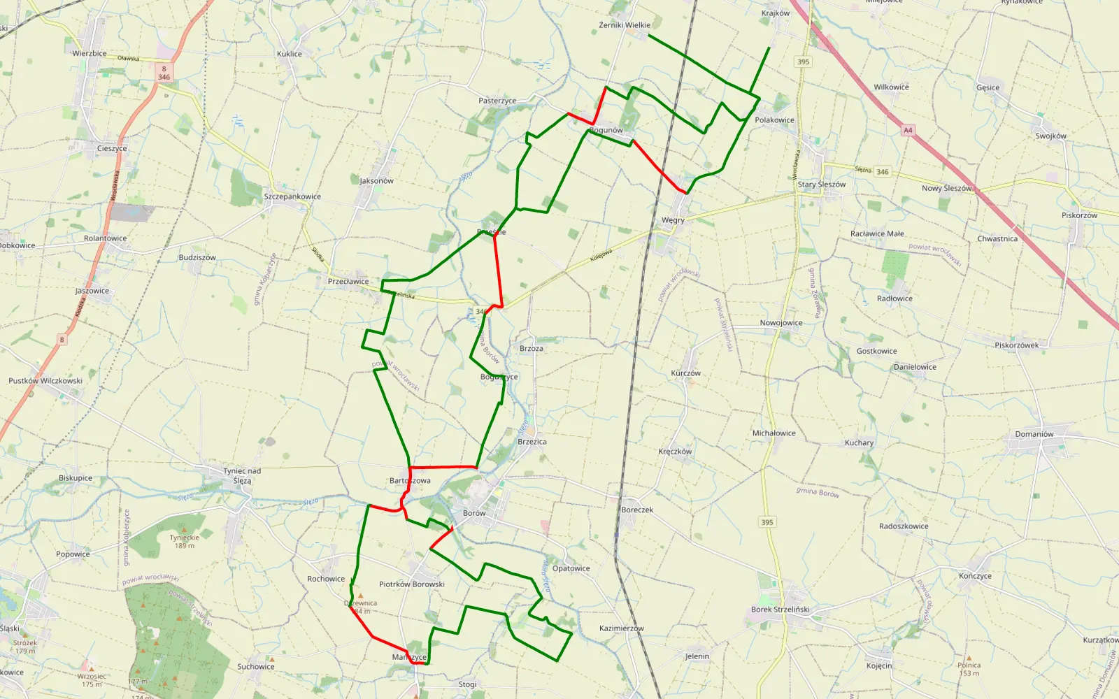 Mapa trasy Krajków - 46.8 km trasy offroad, Powiat Wrocławski