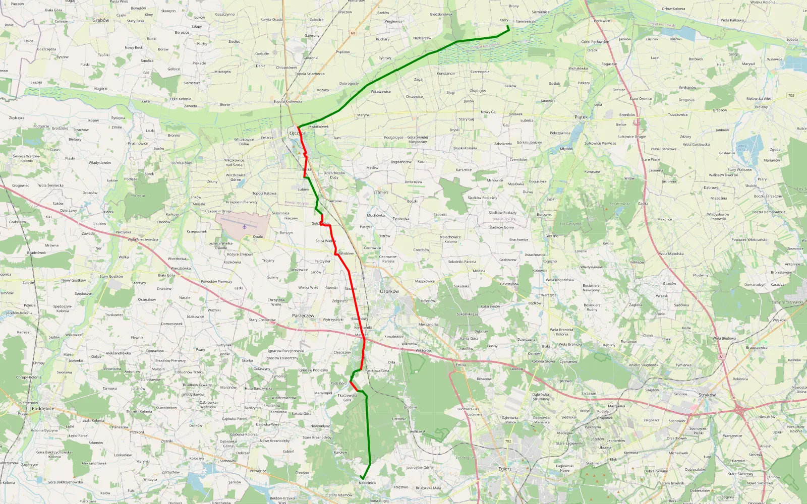 Map of Tet - 43.7 km offroad trail, Zgierz County