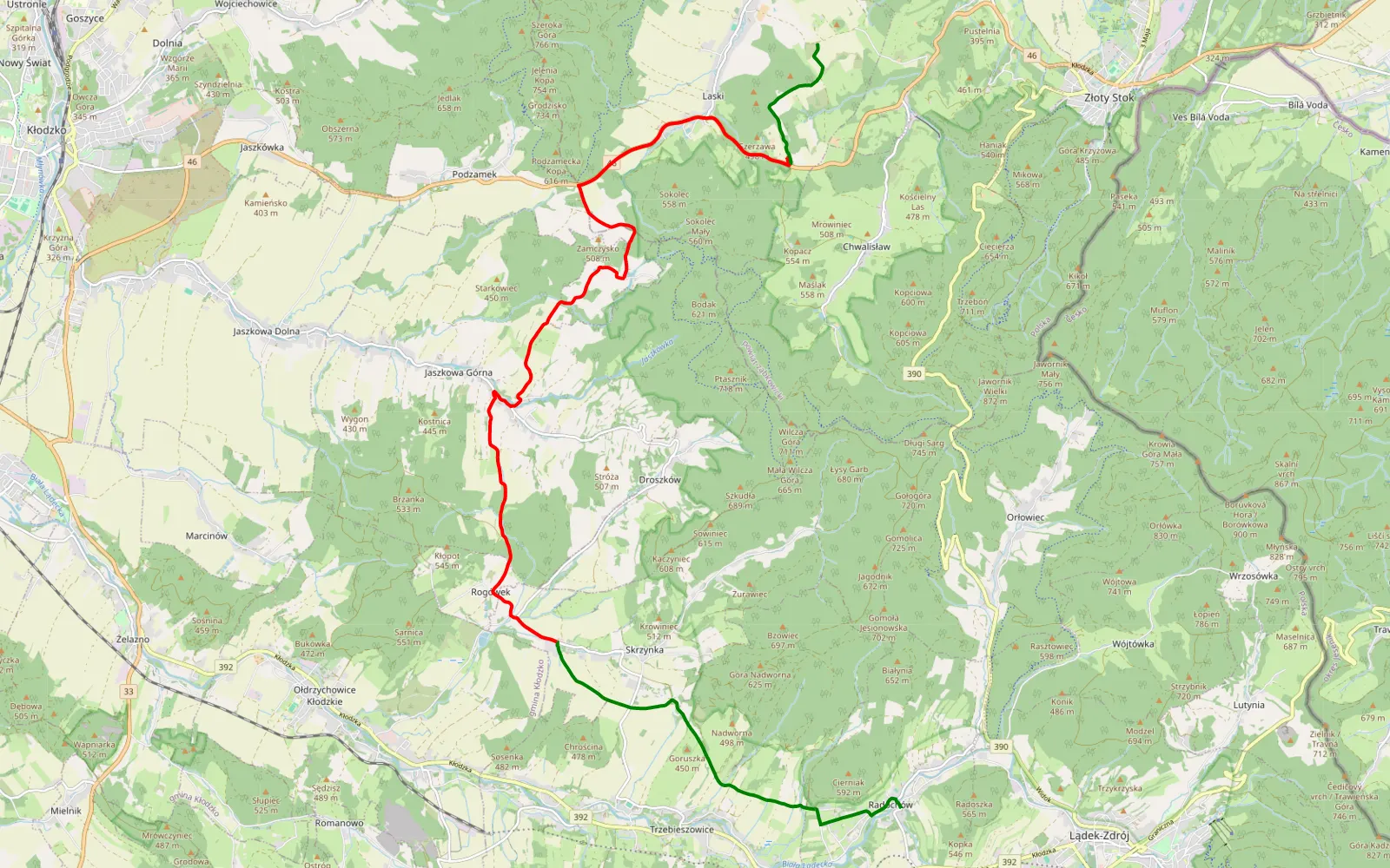 Mapa trasy Radochów - Mąkolno - 21.4 km trasy offroad, Powiat Kłodzki