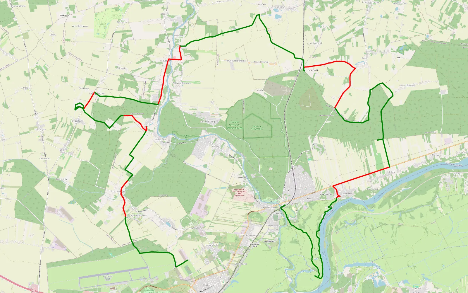 Mapa trasy Nowy Modlin - Księża Góra - 44.1 km trasy offroad, Powiat Nowodworski