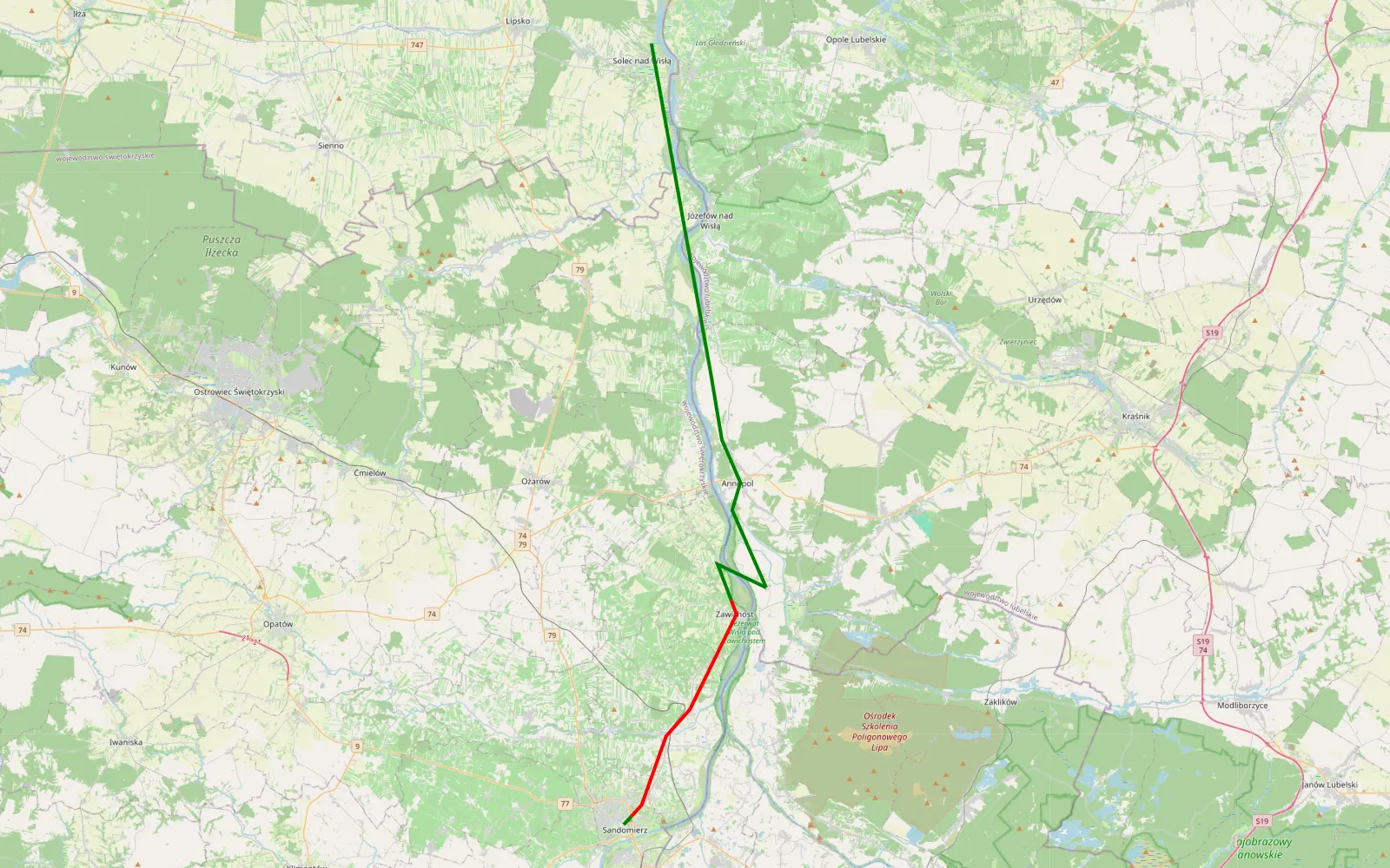 Map of Dzień 1 – Sandomierz → Solec nad Wisłą - 23 km offroad trail, Sandomierz County