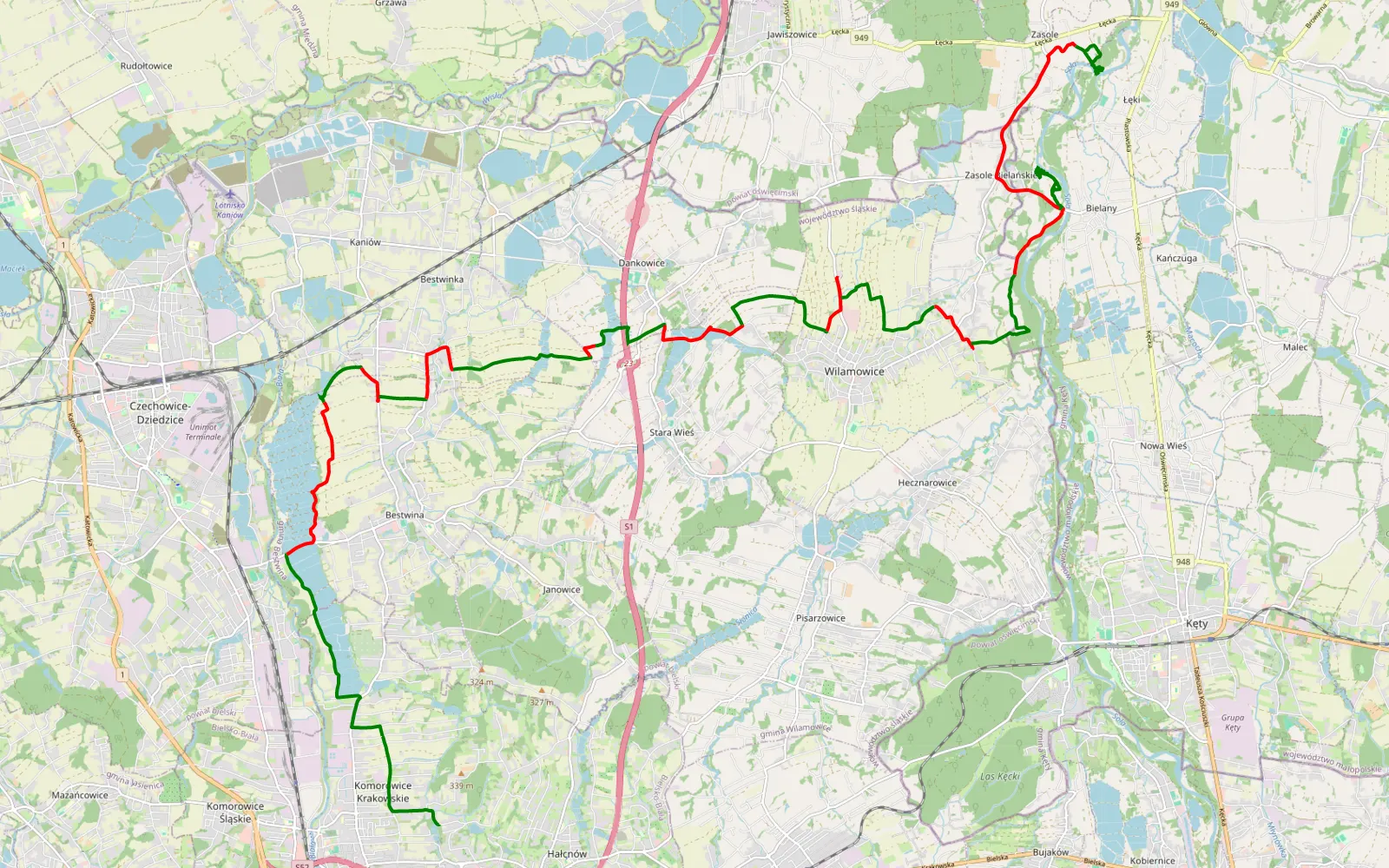Mapa trasy Zabawa - Łęki - 32.6 km trasy offroad, Powiat Bielski
