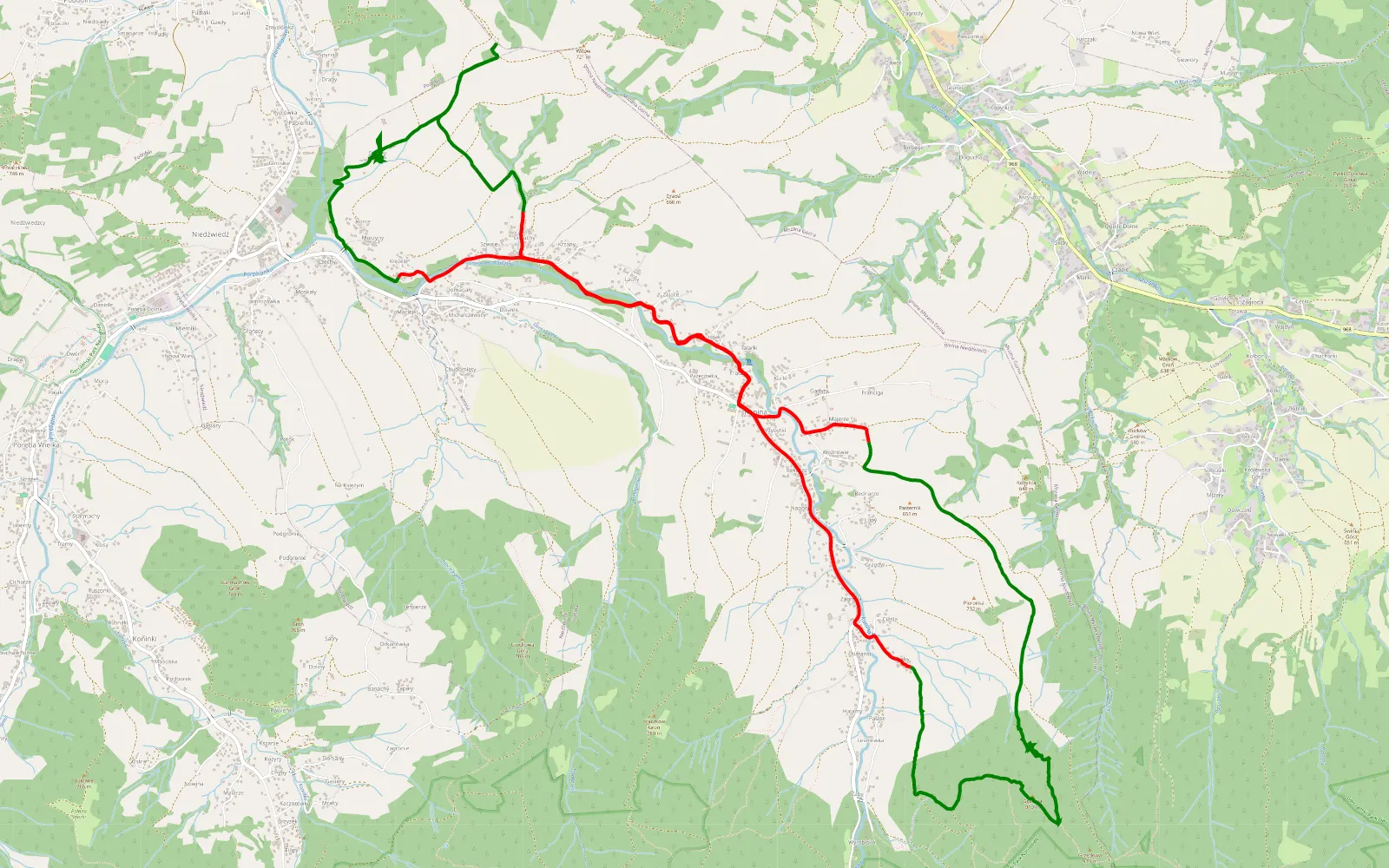 Mapa trasy Niedźwiedź - 19.1 km trasy offroad, Powiat Limanowski