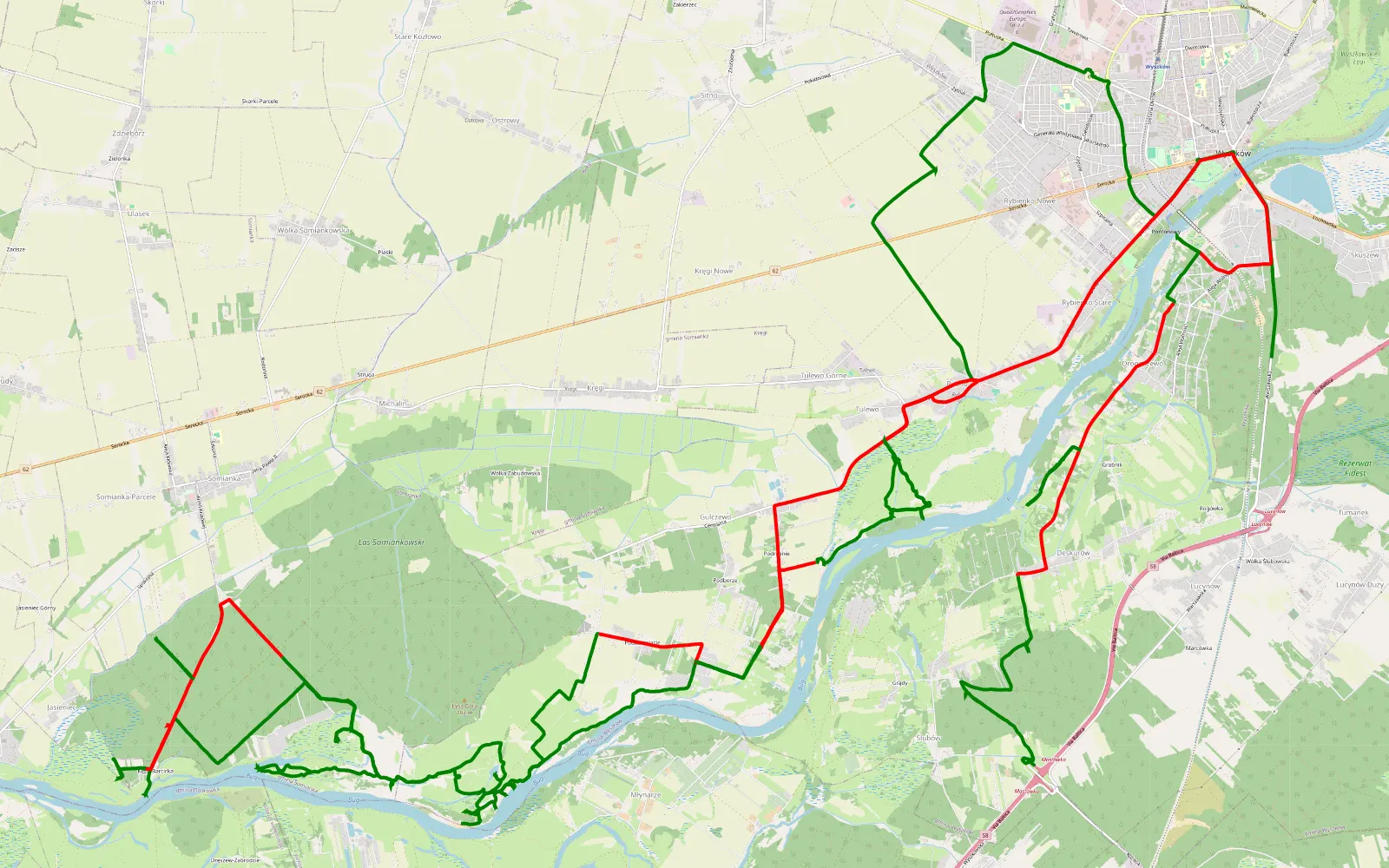 Map of Rybienko - Ślubów - 63.4 km offroad trail, Wyszków County
