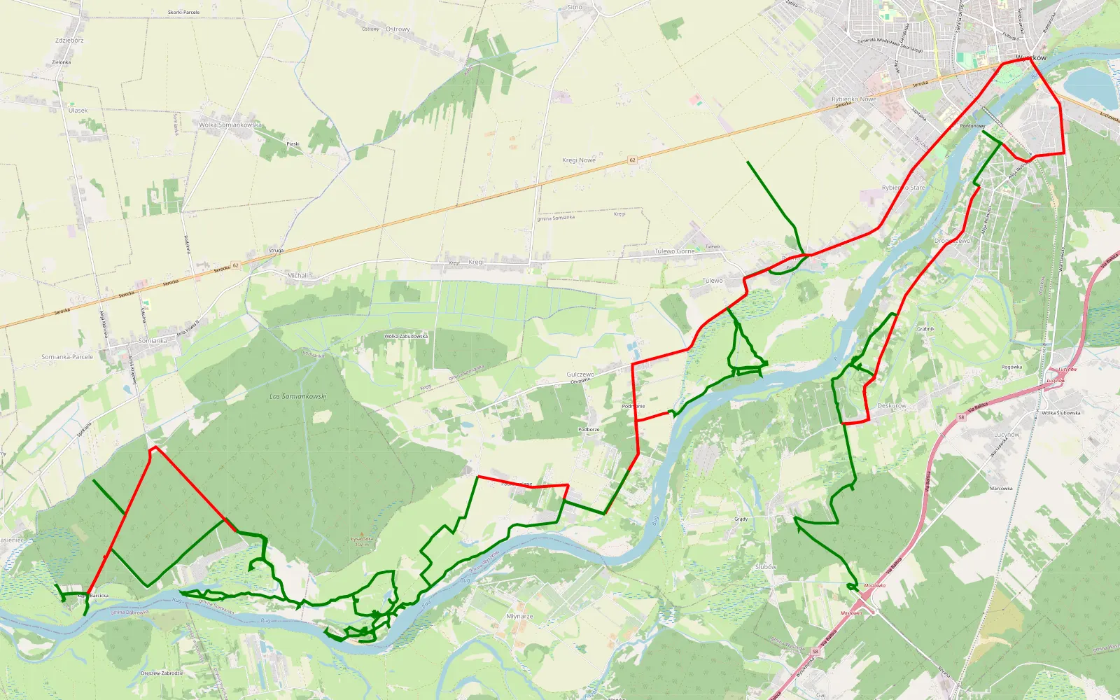 Mapa trasy Kręcenie się wzdłuż Buga - 61.6 km trasy offroad, Powiat Wyszkowski