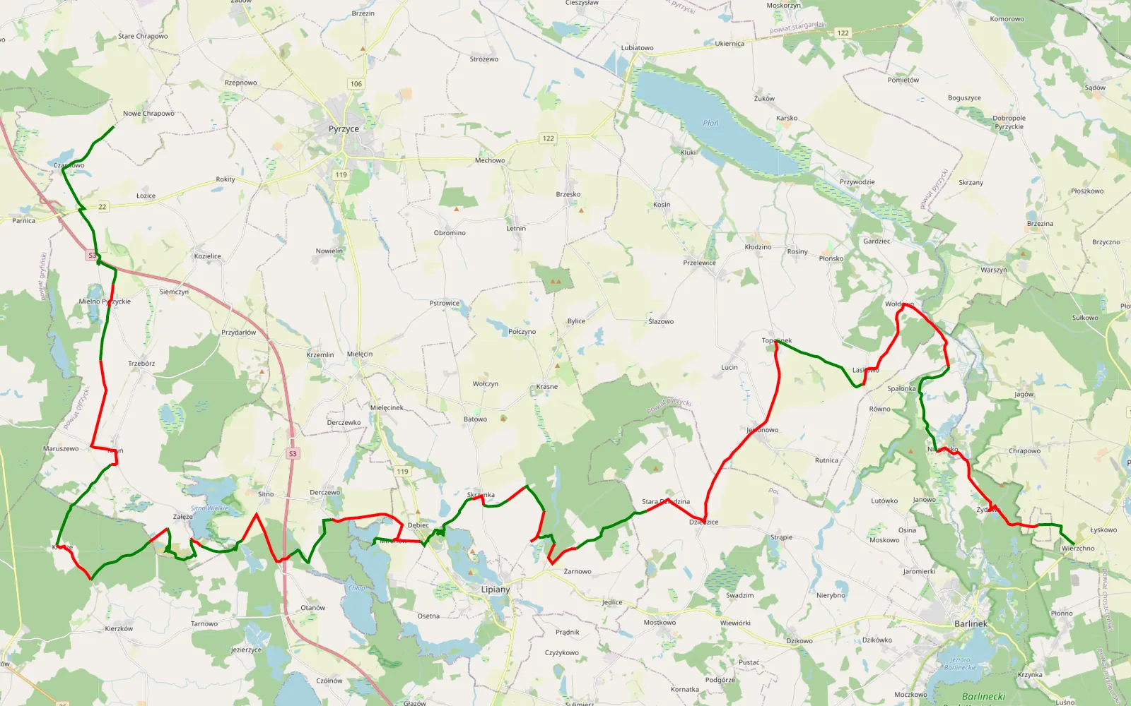 Mapa trasy Wierzchno - Nowe Chrapowo - 79.8 km trasy offroad, Powiat Pyrzycki