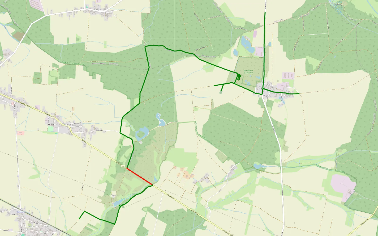 Mapa trasy Rusinowice - Hadra - 10.6 km trasy offroad, Powiat Lubliniecki