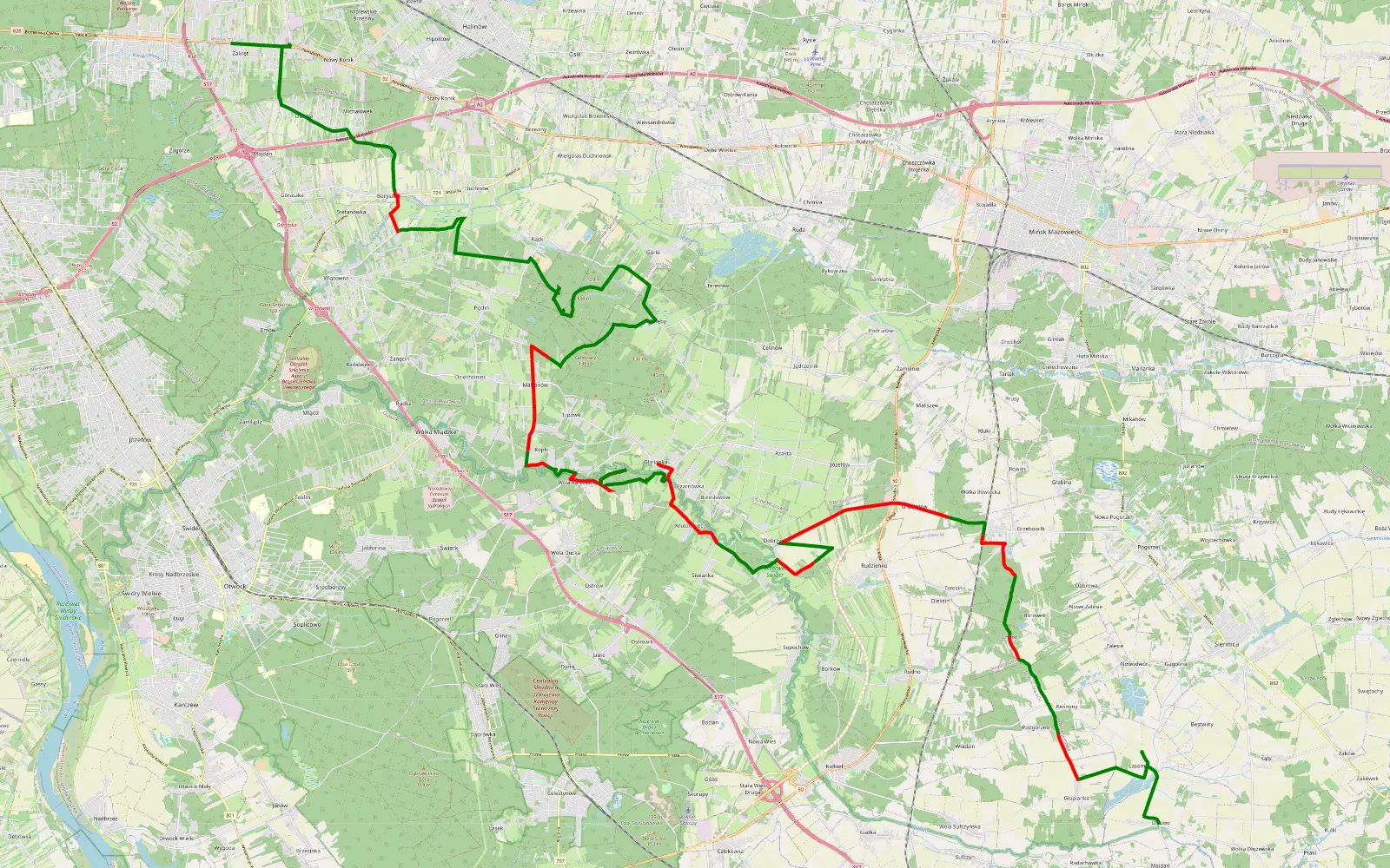 Map of Zakręt - Dłużew - 49.6 km offroad trail, Otwock County