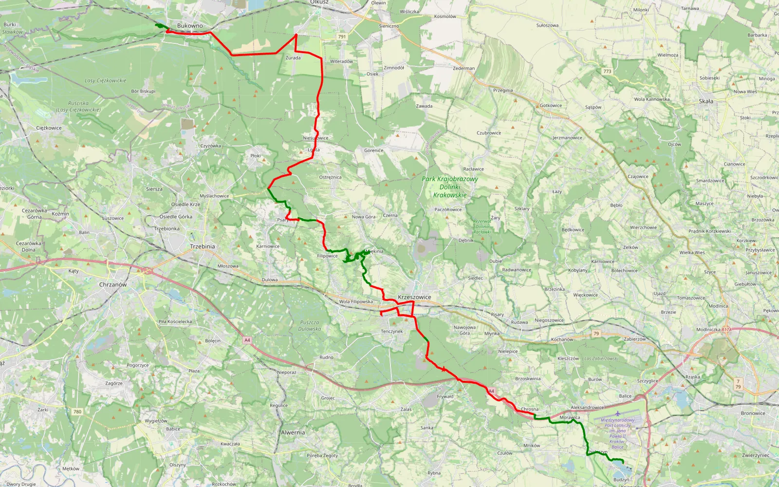 Map of Budzyń - Bukowno - 58 km offroad trail, Kraków County