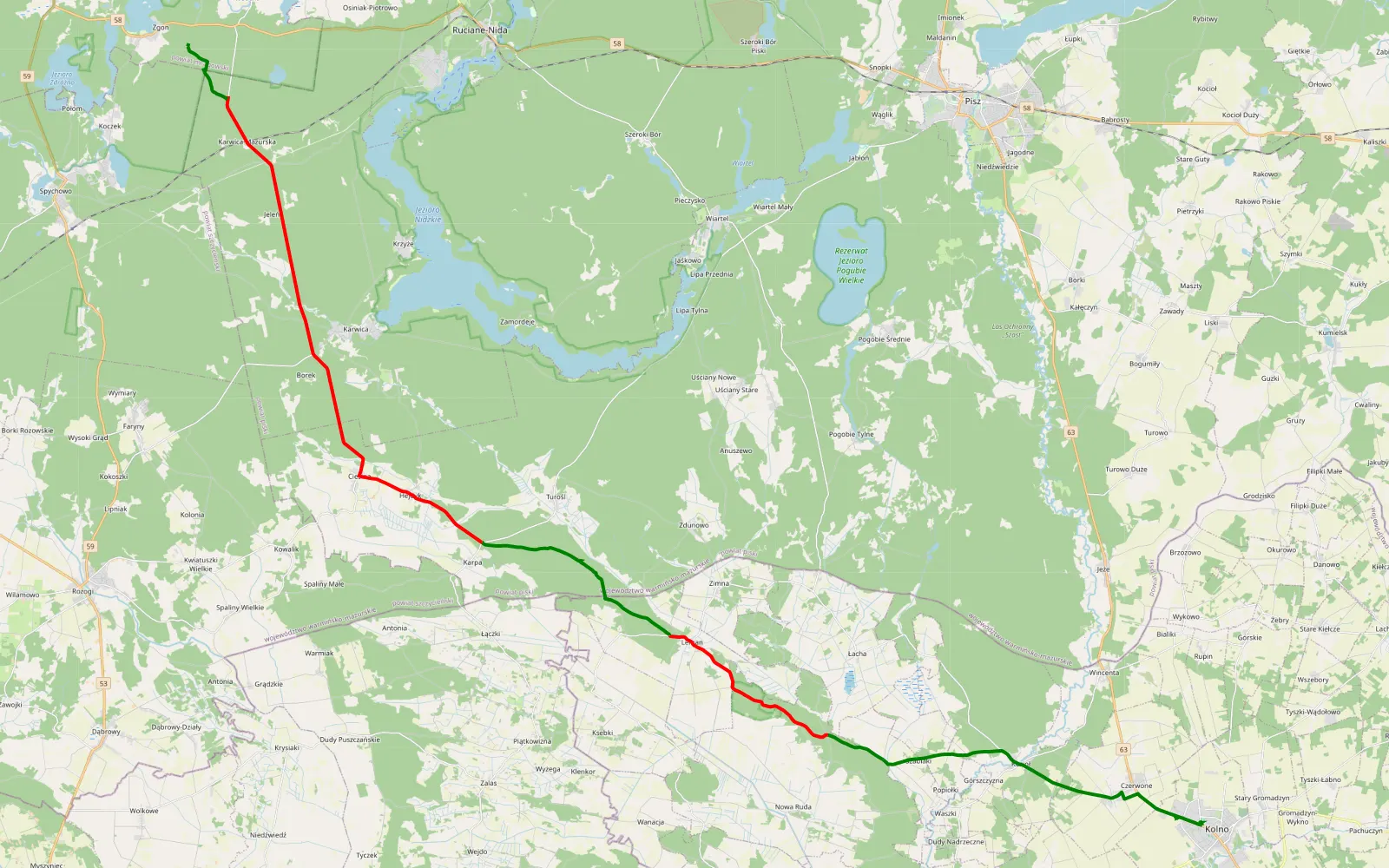 Map of Kolno - Zgon - 38.3 km offroad trail, Pisz County