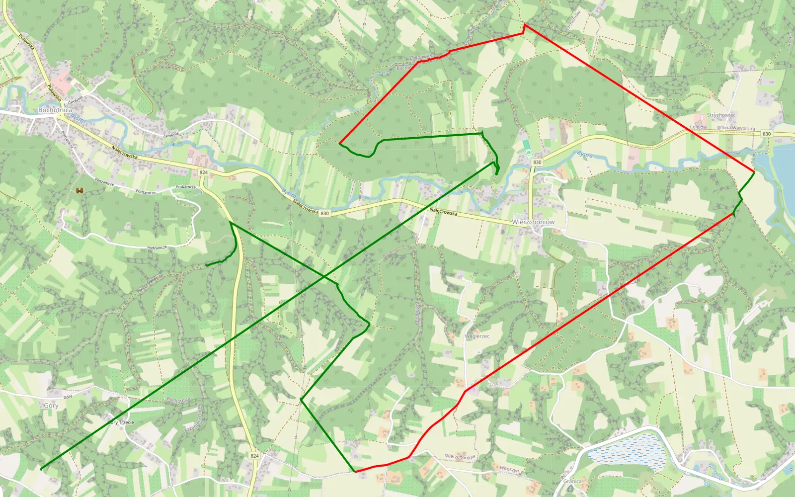 Mapa trasy Bochotnica - Skowieszynek - 9.6 km trasy offroad, Powiat Puławski