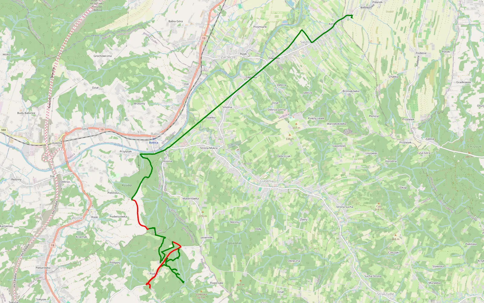 Mapa trasy Siedliska - Połomia - 8.1 km trasy offroad, Powiat Strzyżowski