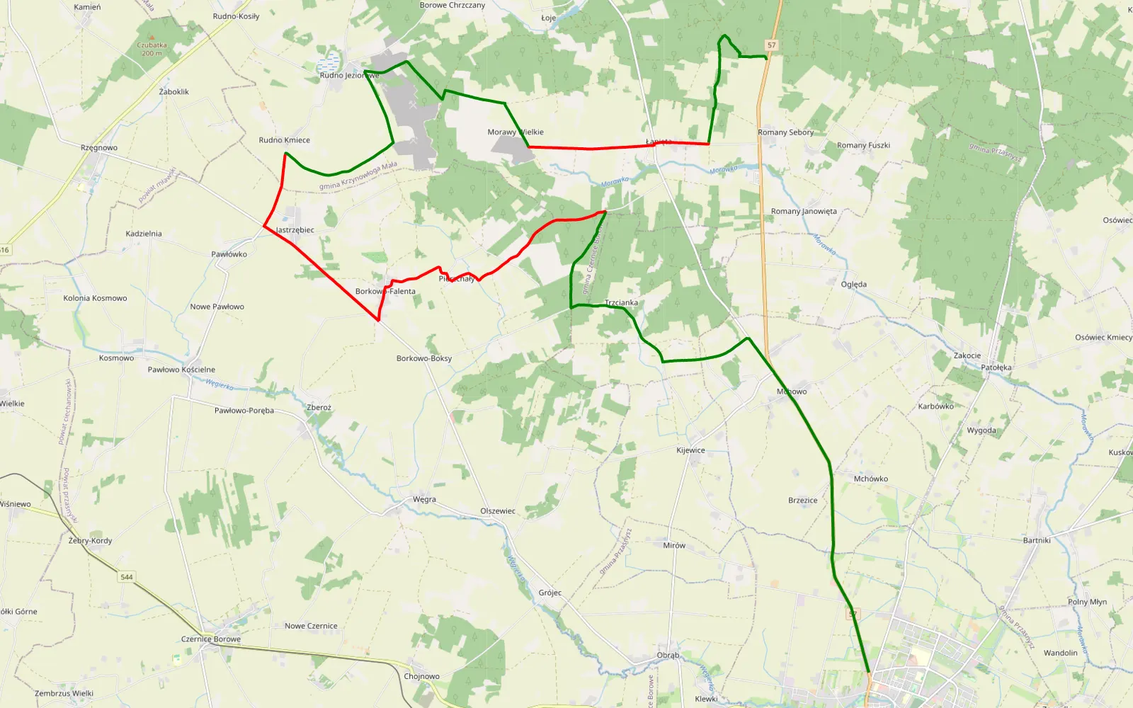 Mapa trasy Kopalnie piasku Morawy - 24.9 km trasy offroad, Powiat Przasnyski