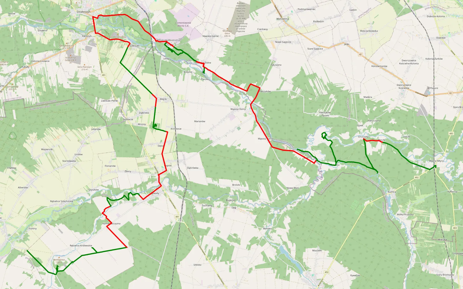 Map of Gojść - Danków - 71.1 km offroad trail, Pajęczno County