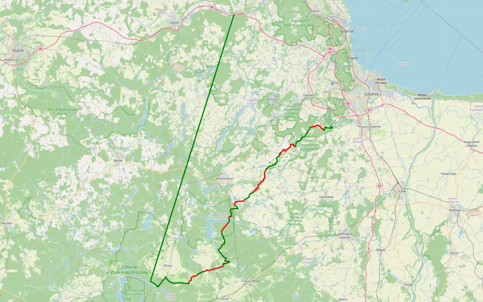 Mapa trasy Kolbudy Górne - Strzebielino-Osiedle - 95 km trasy offroad, Powiat Kościerski