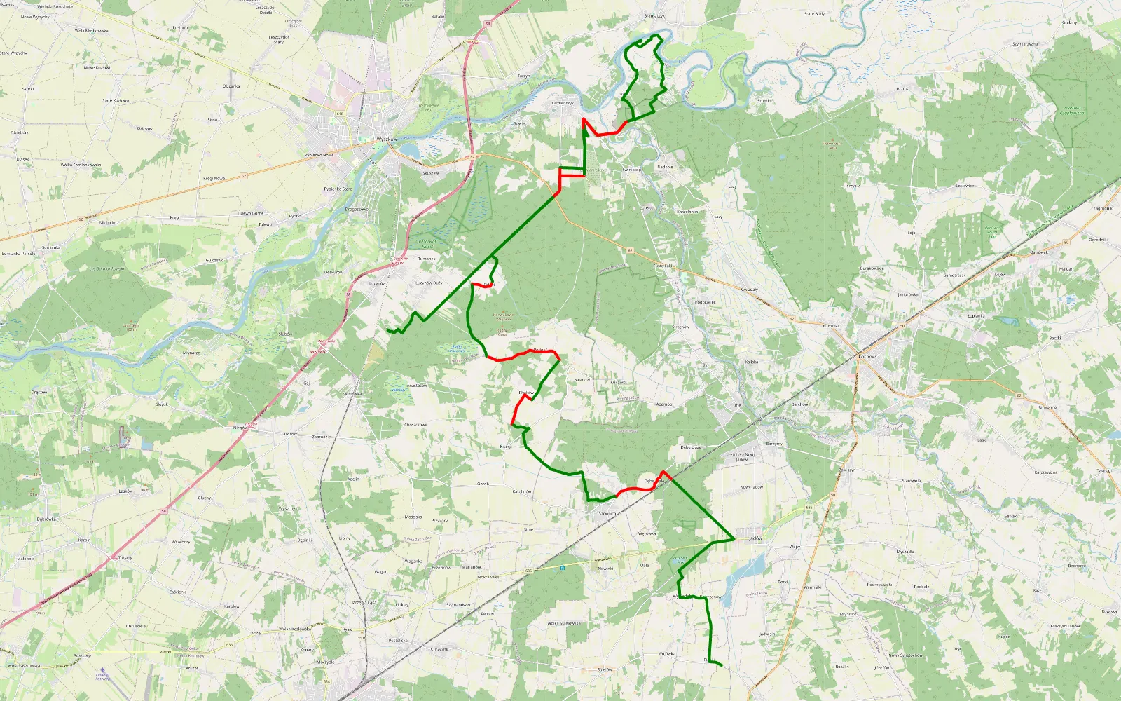 Mapa trasy Lucynów Duży - Piaski - 48.6 km trasy offroad, Powiat Wyszkowski