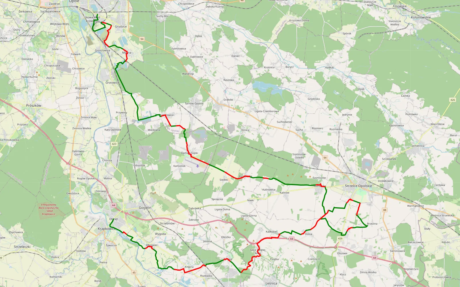 Map of Winów → Kaplica św. Floriana w Rożniątowie - 84.4 km offroad trail, Strzelce County